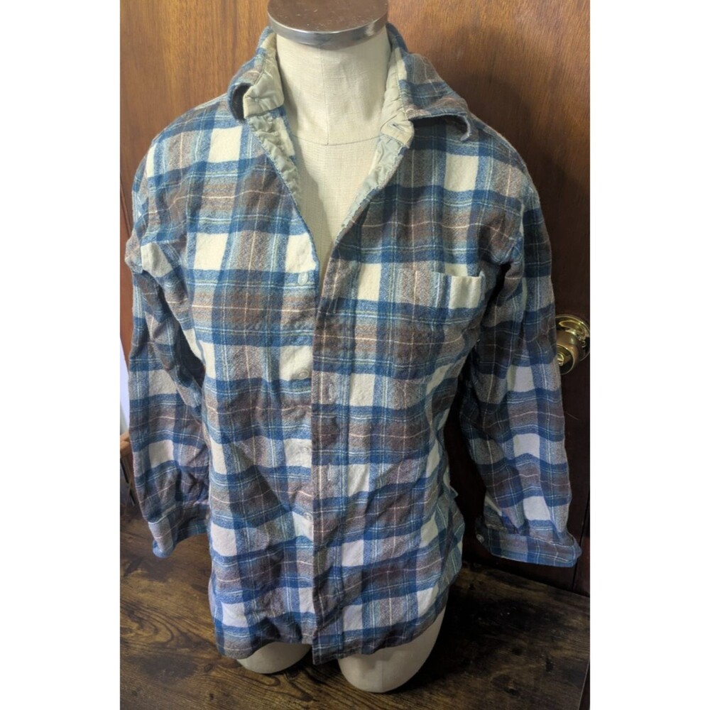 Vintage Pendleton Mens M Pure Virgin Wool Plaid Flannel Shirt Made USA Blue